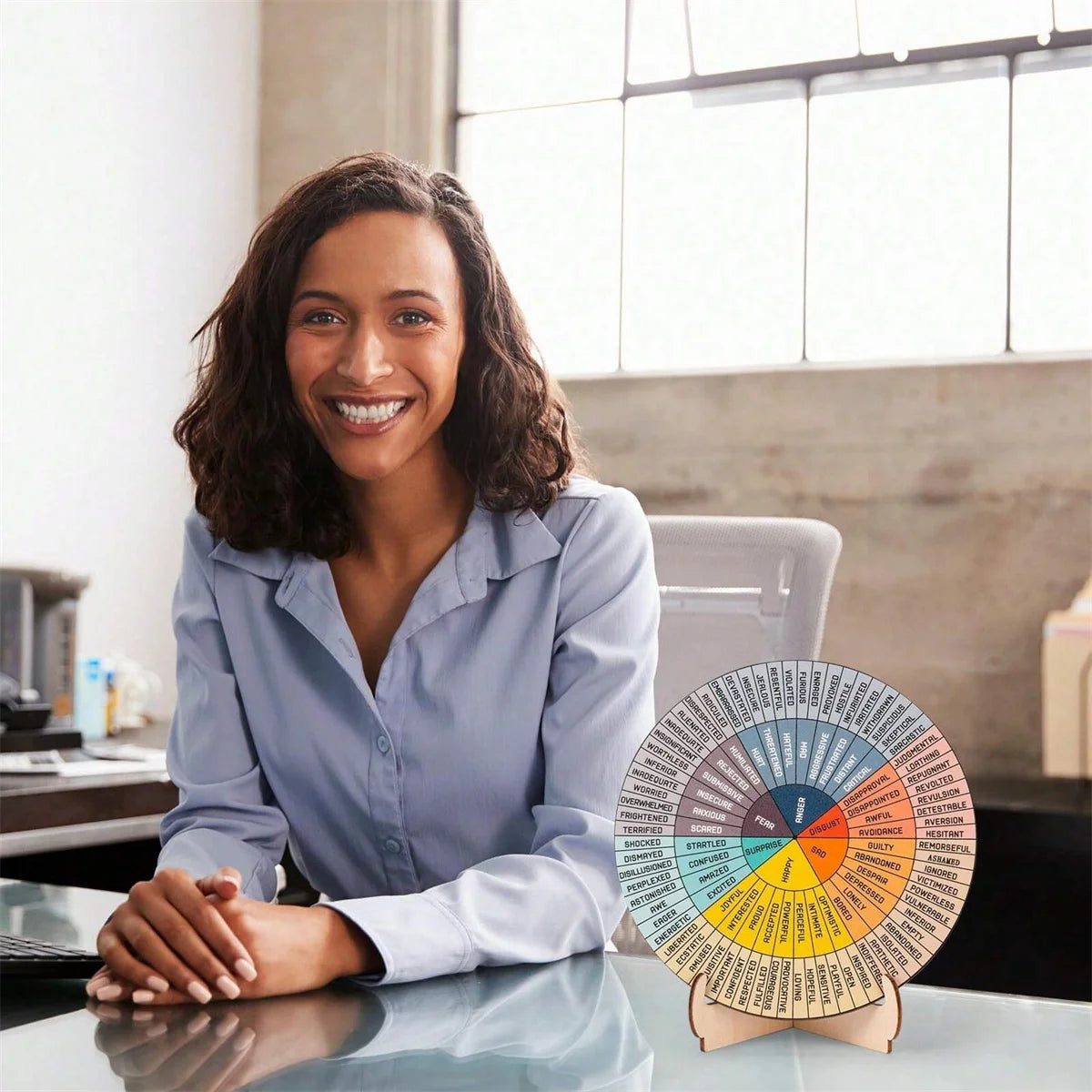 Feelings Wheel Therapy Office Desk Decor - Double Sided Mental Health Office Emotions Chart with Stand, Therapist Gifts for Home