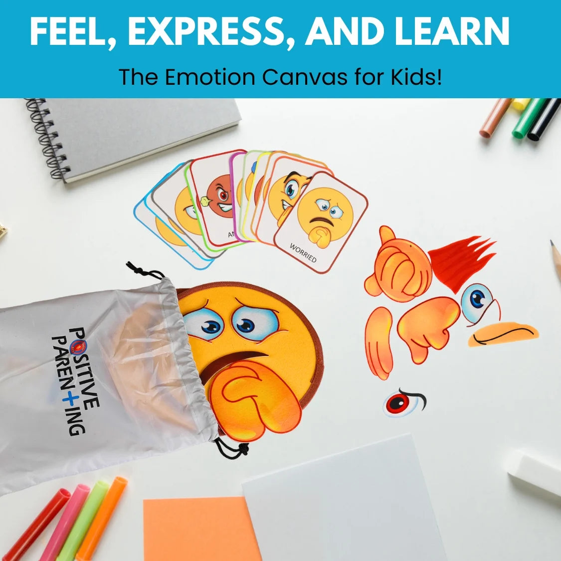Emotions Canvas Activity Set; Social Learning Activity Game for Kids; Make Faces, Describe/Express Feelings; 2 Canvases; 12 Double-Sided/Emotion Cards, 55Pc Facial Expressions; Preschool Kids Ages 3+