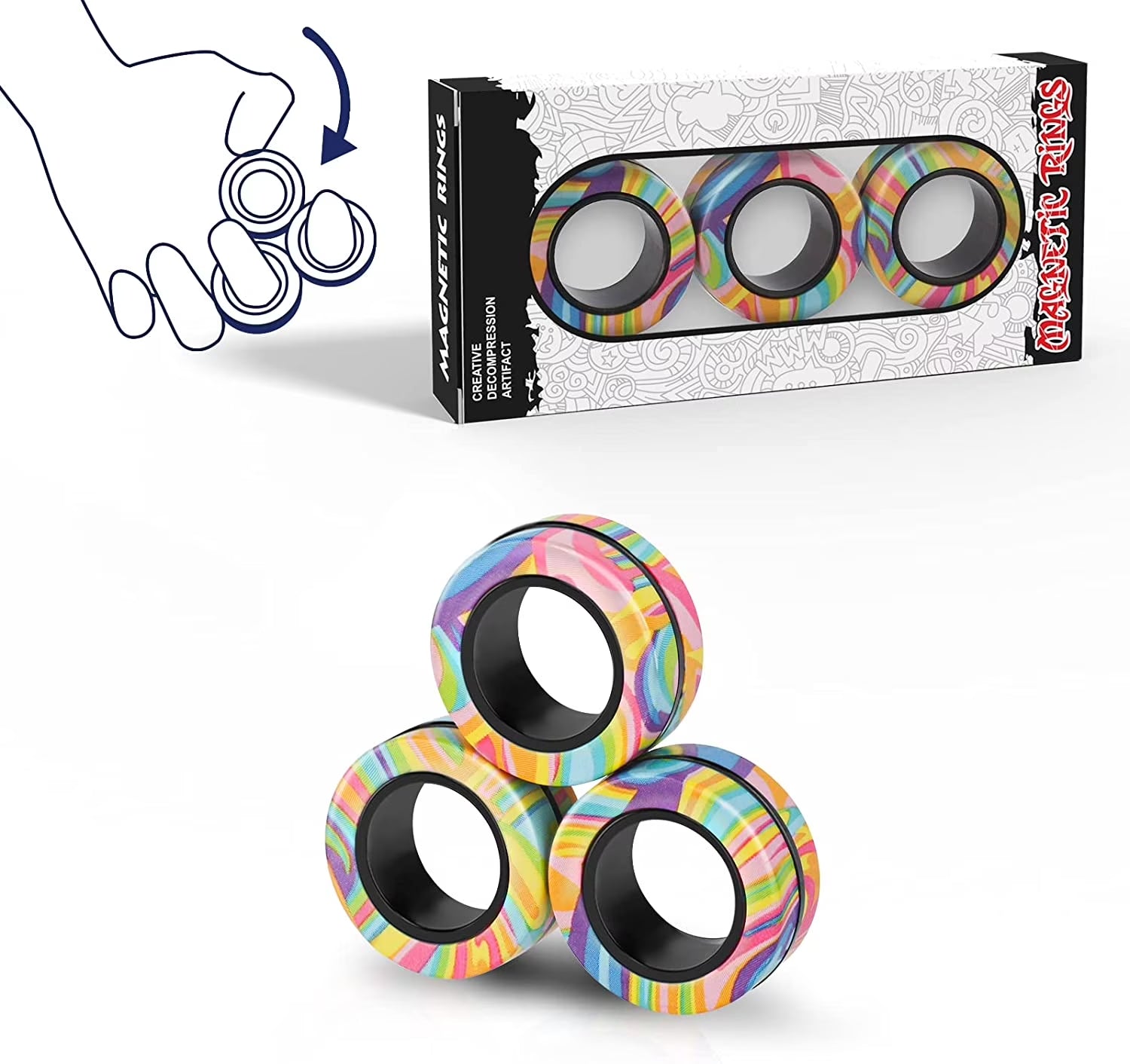 Magnetic Rings Fidget Toy Set, Idea ADHD Fidget Toys, Adult Fidget Magnets Spinner Rings for Anxiety Relief Therapy, Fidget Pack Great Gift for Adults Teens Kids (3PCS)