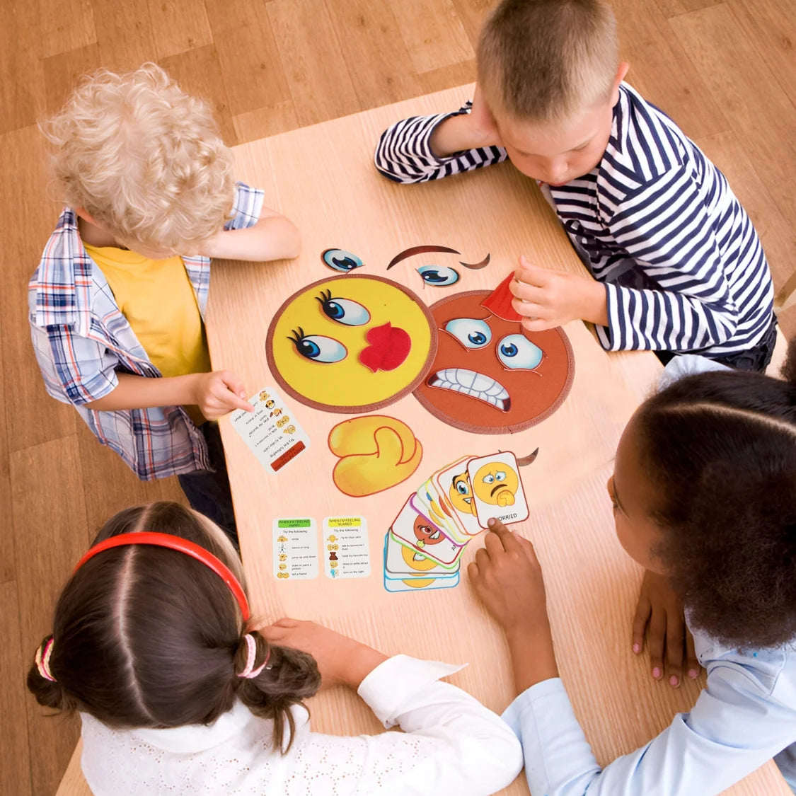 Emotions Canvas Activity Set; Social Learning Activity Game for Kids; Make Faces, Describe/Express Feelings; 2 Canvases; 12 Double-Sided/Emotion Cards, 55Pc Facial Expressions; Preschool Kids Ages 3+