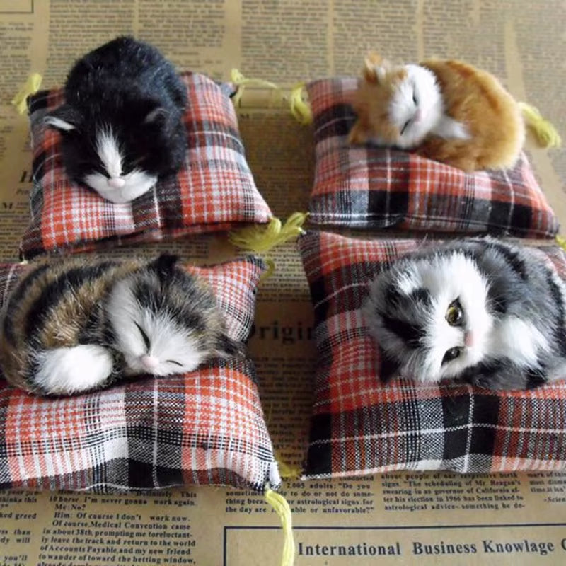 Artificial Mini Sleeping Cats on Cloth Pad Plush Simulation Lying Cats Doll Ornaments Children'S Gifts Home Decoration Crafts
