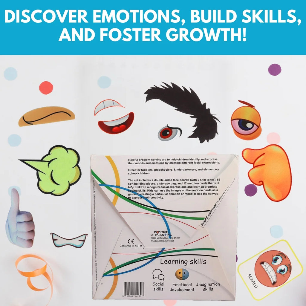 Emotions Canvas Activity Set; Social Learning Activity Game for Kids; Make Faces, Describe/Express Feelings; 2 Canvases; 12 Double-Sided/Emotion Cards, 55Pc Facial Expressions; Preschool Kids Ages 3+