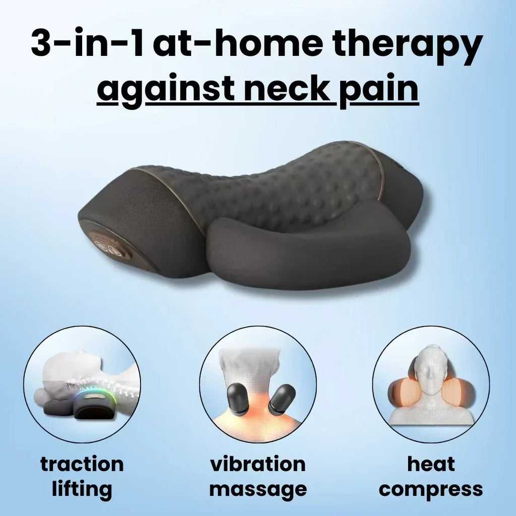-3-In-1 Neck Massager Cervical Pillow Hot Compress Vibration Massage Neck Traction Relax Pillow Spine Support Massager