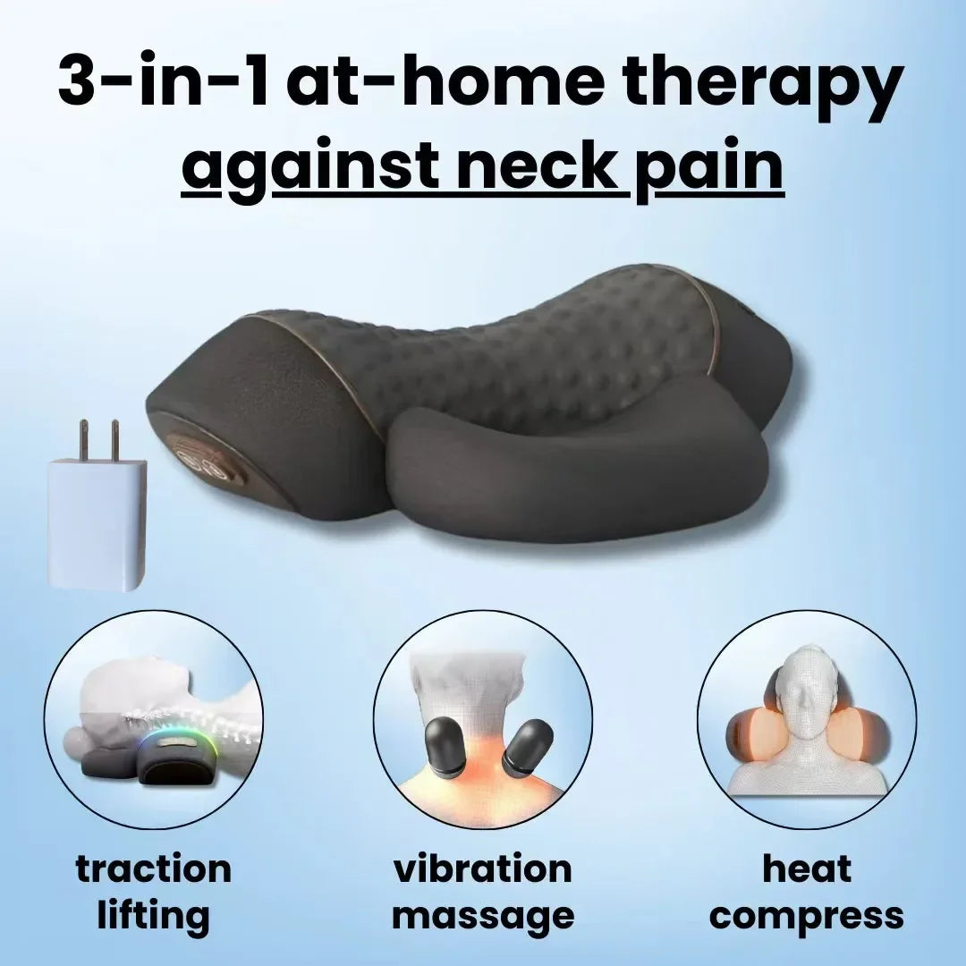 -3-In-1 Neck Massager Cervical Pillow Hot Compress Vibration Massage Neck Traction Relax Pillow Spine Support Massager