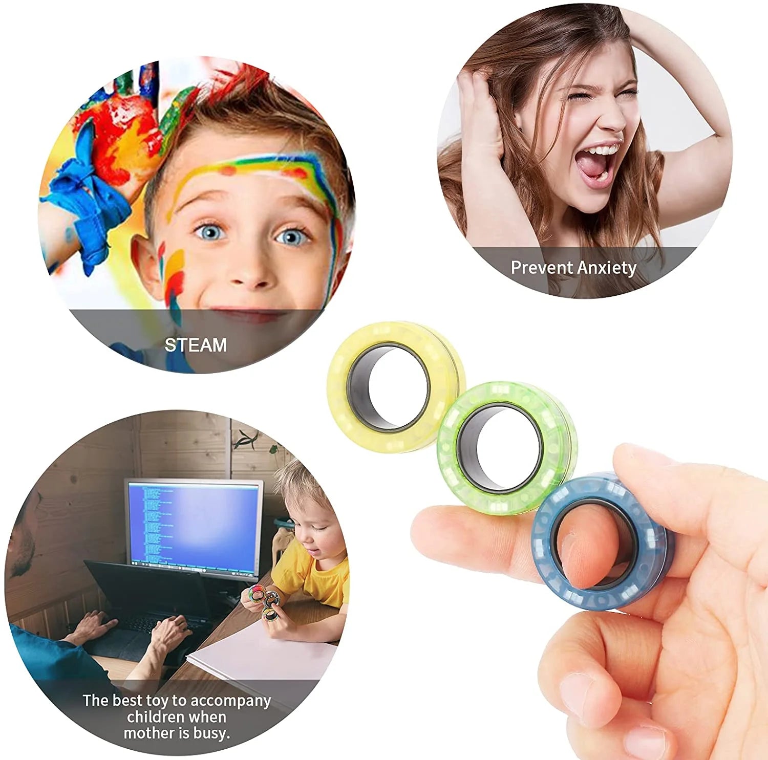 Magnetic Rings Fidget Toy Set, Idea ADHD Fidget Toys, Adult Fidget Magnets Spinner Rings for Anxiety Relief Therapy, Fidget Pack Great Gift for Adults Teens Kids (3PCS)